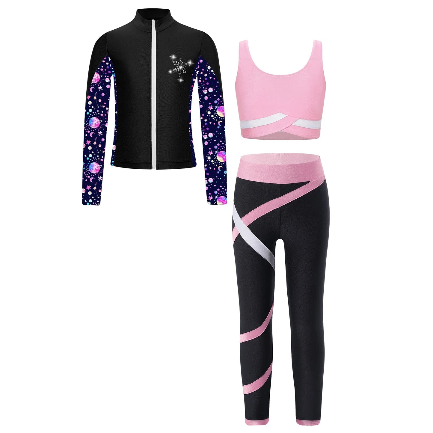 Girls Gymnastics Long Sleeves Athletic Shirt & Vest Tops & Leggings (Age 6-16 YRS)
