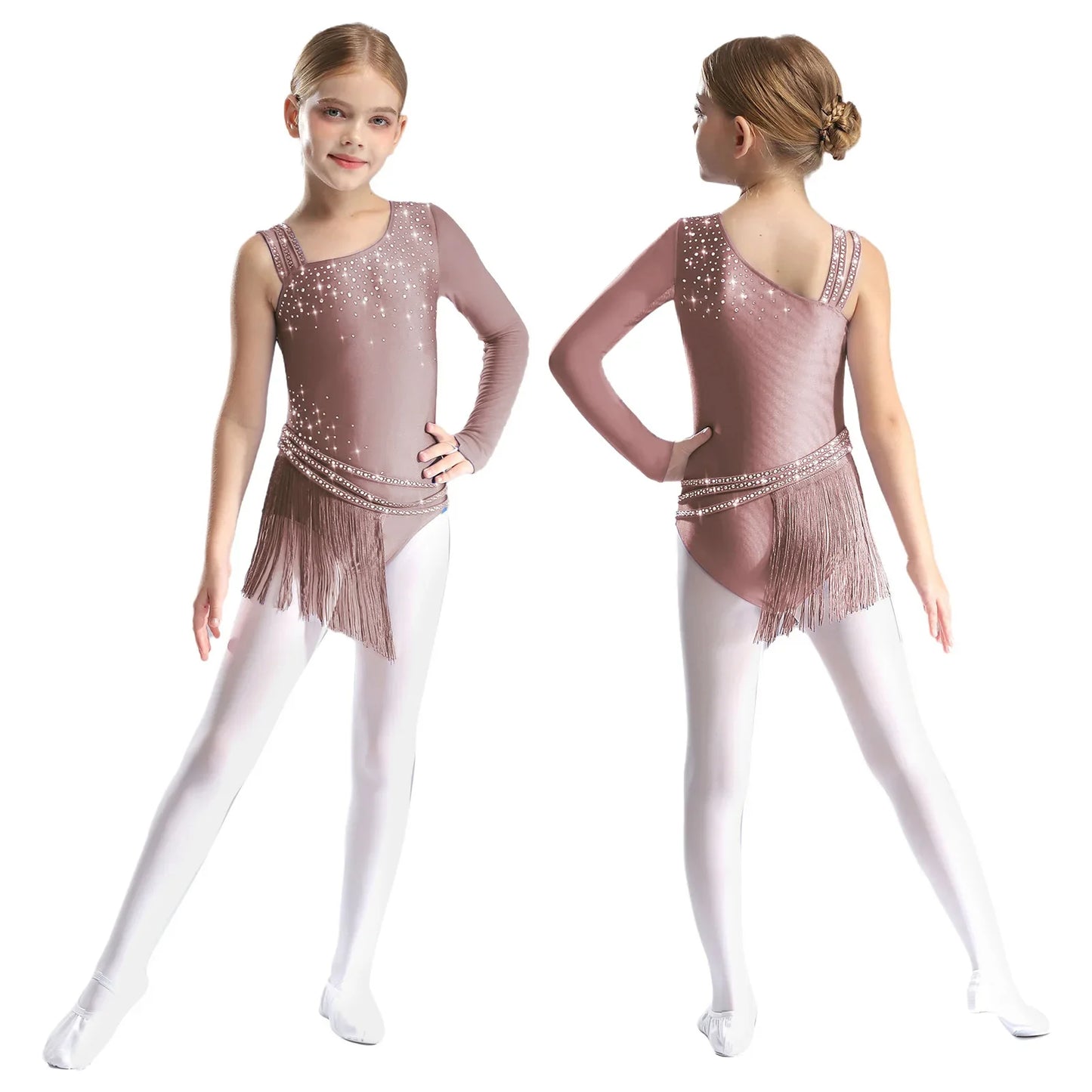 Girls Figure Skating Rhinestone Irregular Tassel Bodysuit Leotard (Age 6-16YRS)