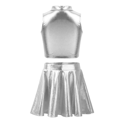 Girls Metallic Sleeveless Top & Flared Pleated A-Line Mini Skirt Set (Age 6-14YRS)