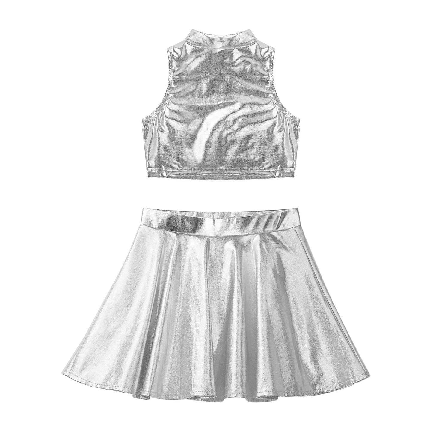 Girls Metallic Sleeveless Top & Flared Pleated A-Line Mini Skirt Set (Age 6-14YRS)