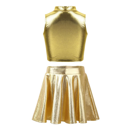 Girls Metallic Sleeveless Top & Flared Pleated A-Line Mini Skirt Set (Age 6-14YRS)