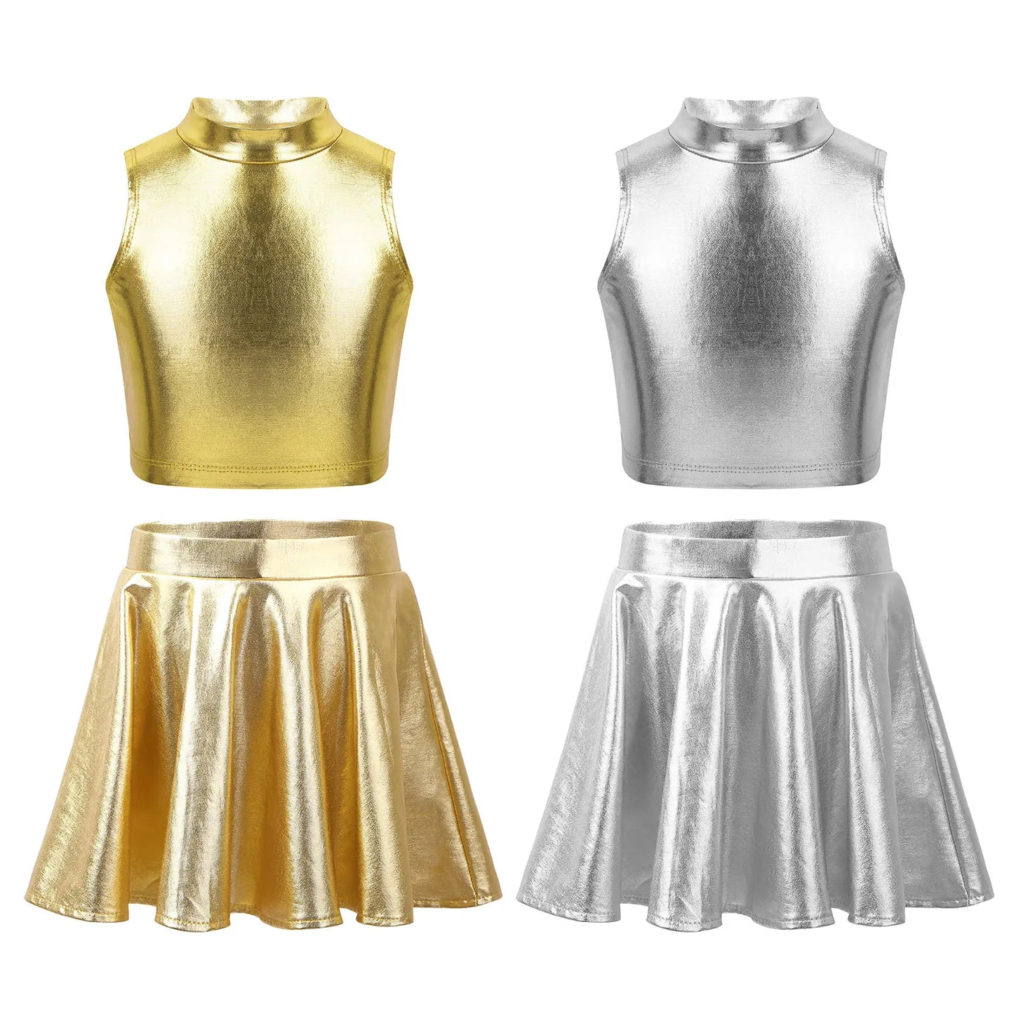 Girls Metallic Sleeveless Top & Flared Pleated A-Line Mini Skirt Set (Age 6-14YRS)