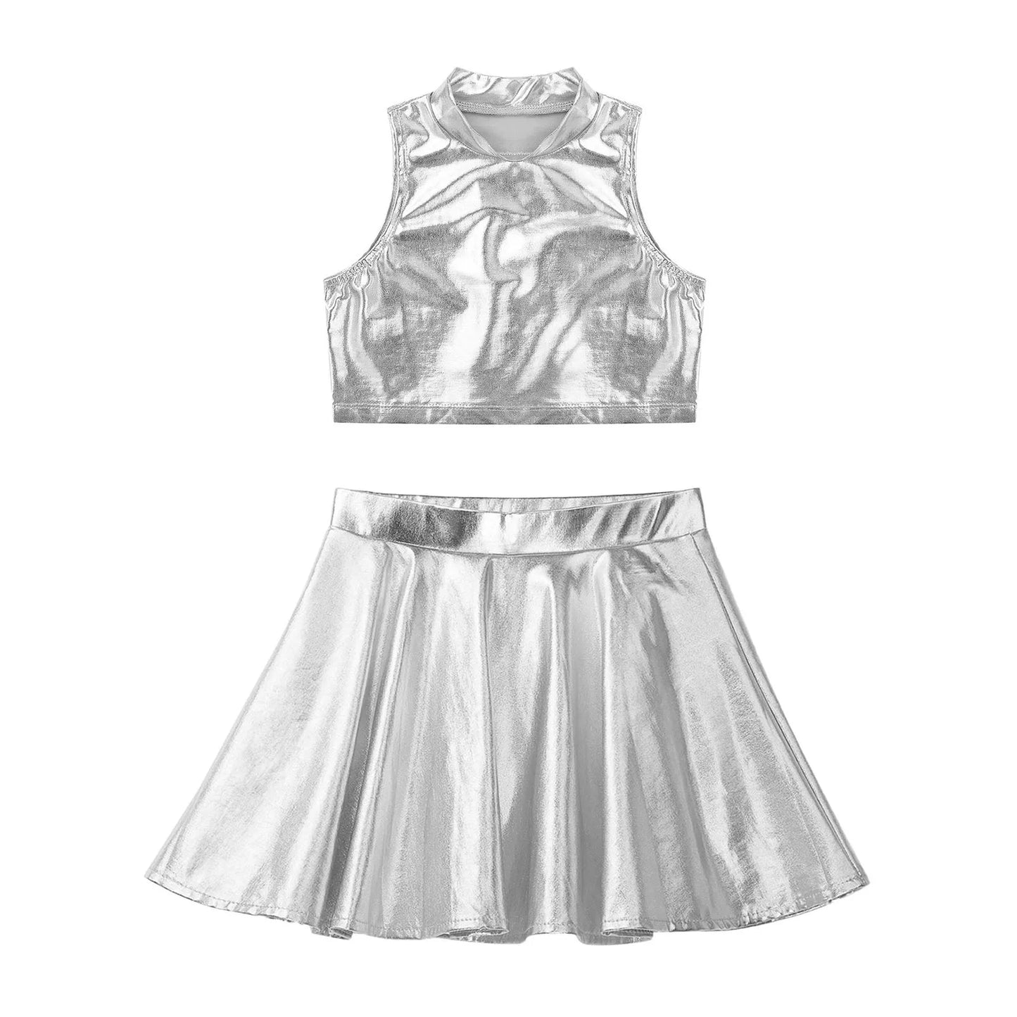 Girls Metallic Sleeveless Top & Flared Pleated A-Line Mini Skirt Set (Age 6-14YRS)