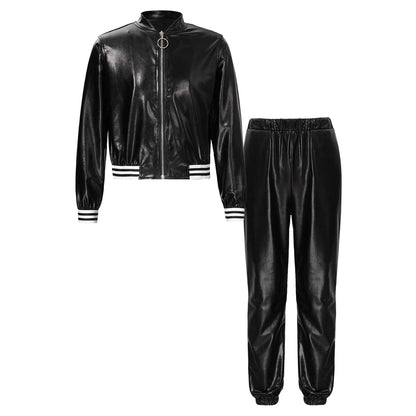 Girls Metallic Long Sleeves Bomber Jacket Coat & Pants Set (Age 6-16YRS)