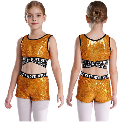 Girls Sequin Dance Top & Shorts Set (Age 4-16YRS)