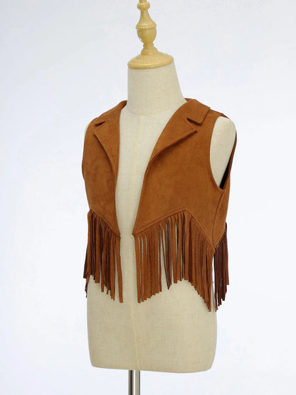 Girls Western Cowboy Suede Open Front Tassels Waistcoat (Age 6-16YRS)