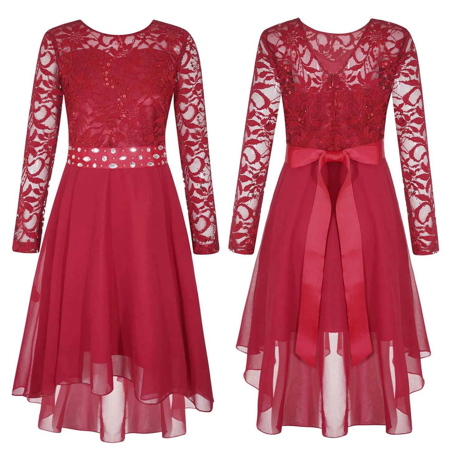 Girls Elegant Rhinestone Lace Chiffon Party Long Sleeve Dipped Hem Dress (Age 6-16YRS)