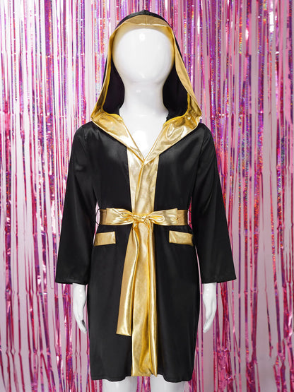 Boys Boxing Robe Costume Long Sleeve Hooded Cloak (Age 6-16YRS)