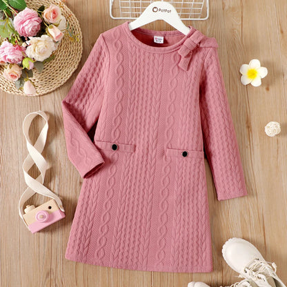 Girls Pink Cable Knit Bowknot Long-Sleeve Dress (Age 5-12YRS)