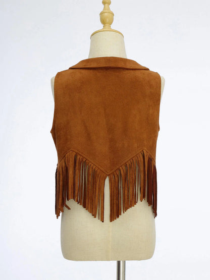 Girls Western Cowboy Suede Open Front Tassels Waistcoat (Age 6-16YRS)