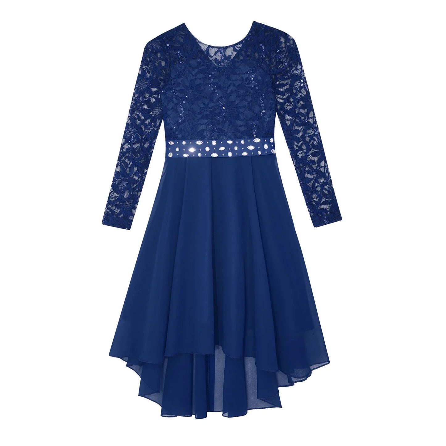 Girls Elegant Rhinestone Lace Chiffon Party Long Sleeve Dipped Hem Dress (Age 6-16YRS)