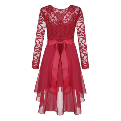Girls Elegant Rhinestone Lace Chiffon Party Long Sleeve Dipped Hem Dress (Age 6-16YRS)