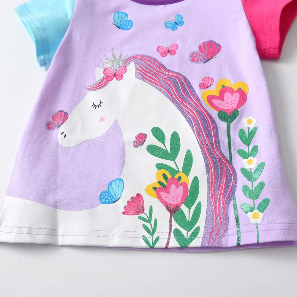Girls Purple Floral Unicorn T-Shirt (Age 3-10YRS)