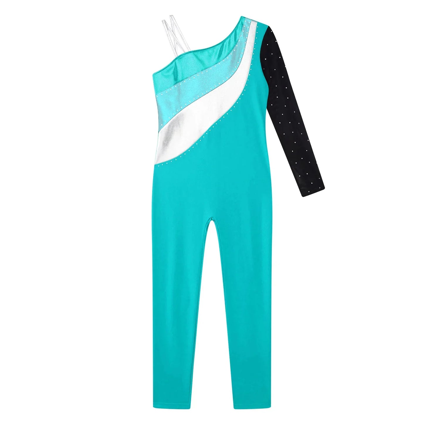 Girls Gymnastics One Shoulder Contrast Color Leotard Jumpsuit (Age 6-16 YRS)