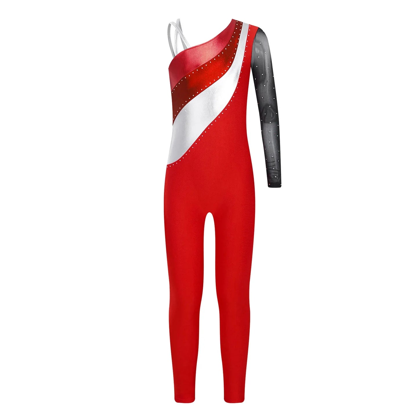 Girls Gymnastics One Shoulder Contrast Color Leotard Jumpsuit (Age 6-16 YRS)