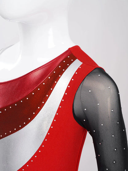 Girls Gymnastics One Shoulder Contrast Color Leotard Jumpsuit (Age 6-16 YRS)