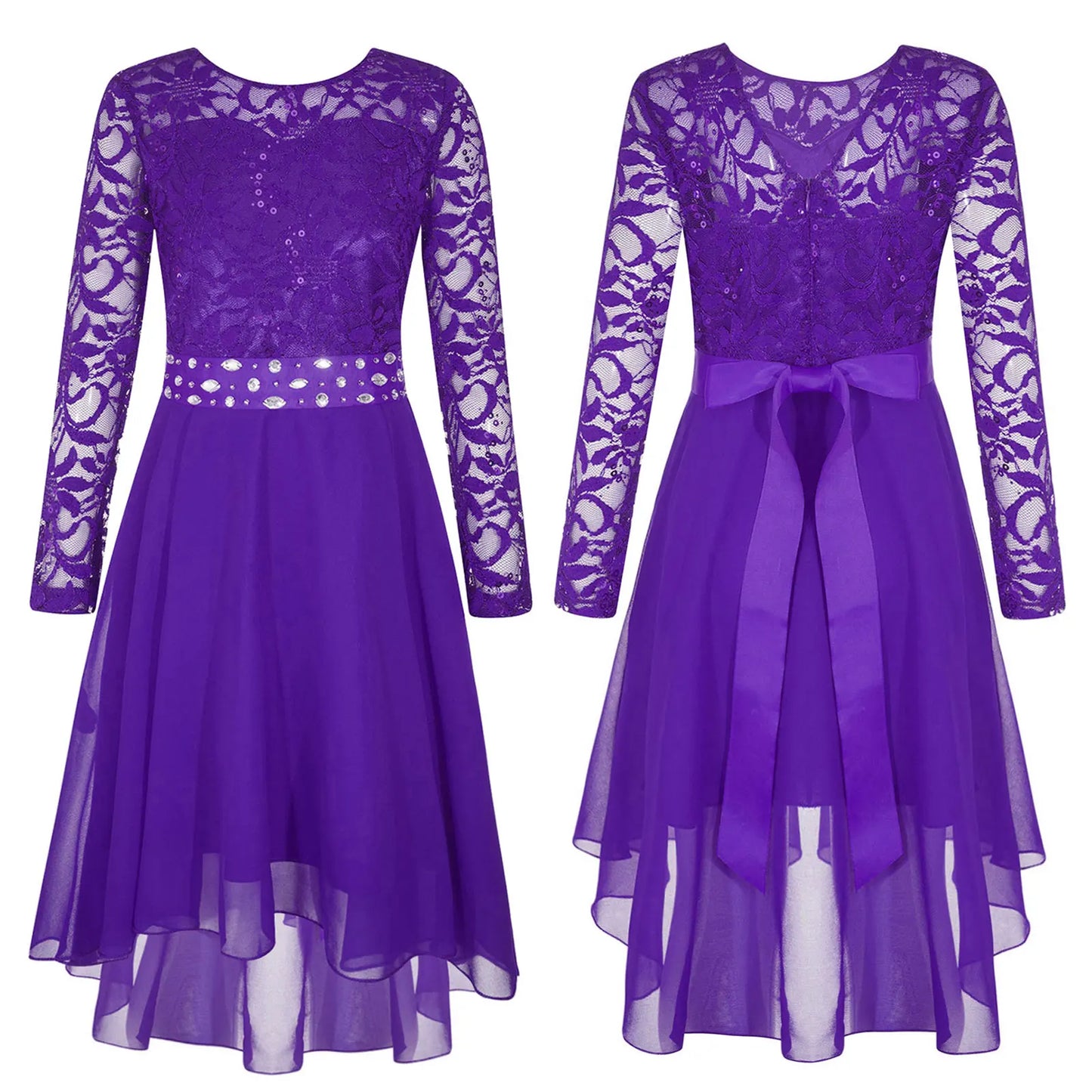Girls Elegant Rhinestone Lace Chiffon Party Long Sleeve Dipped Hem Dress (Age 6-16YRS)