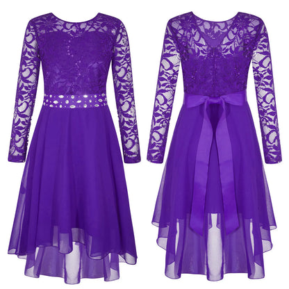 Girls Elegant Rhinestone Lace Chiffon Party Long Sleeve Dipped Hem Dress (Age 6-16YRS)