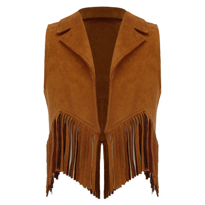 Girls Western Cowboy Suede Open Front Tassels Waistcoat (Age 6-16YRS)