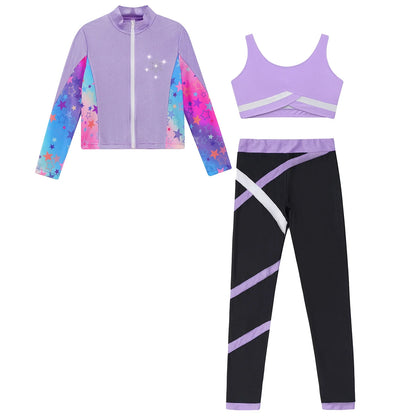 Girls Gymnastics Long Sleeves Athletic Shirt & Vest Tops & Leggings (Age 6-16 YRS)