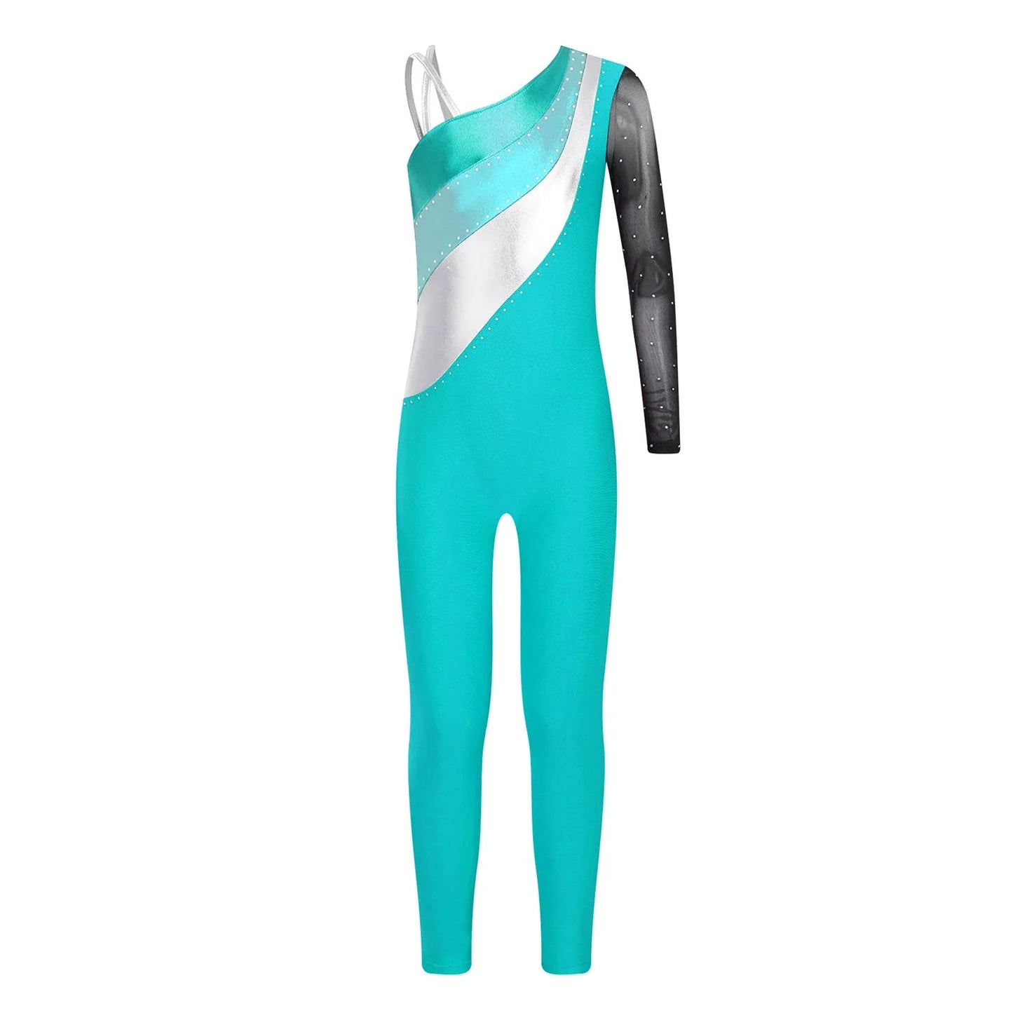 Girls Gymnastics One Shoulder Contrast Color Leotard Jumpsuit (Age 6-16 YRS)