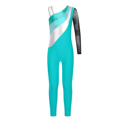 Girls Gymnastics One Shoulder Contrast Color Leotard Jumpsuit (Age 6-16 YRS)