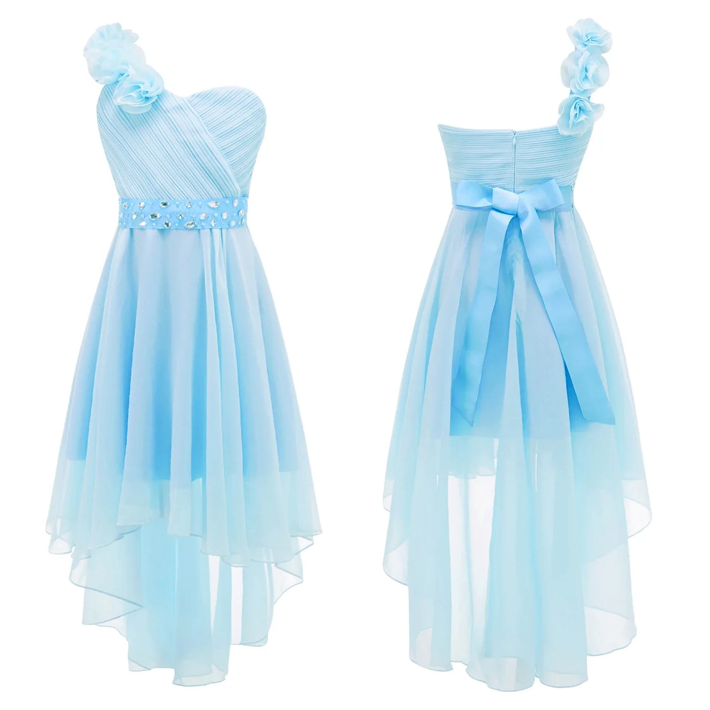 Girls Applique One-Shoulder Ruched Asymmetrical Hem Dress (Age 6-16YRS)