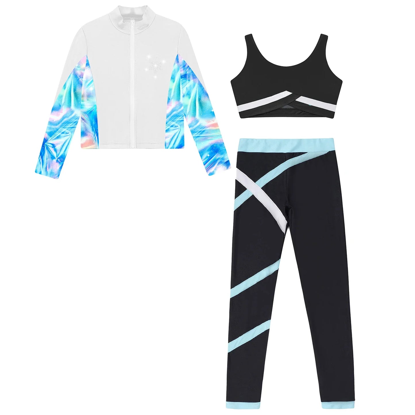 Girls Gymnastics Long Sleeves Athletic Shirt & Vest Tops & Leggings (Age 6-16 YRS)