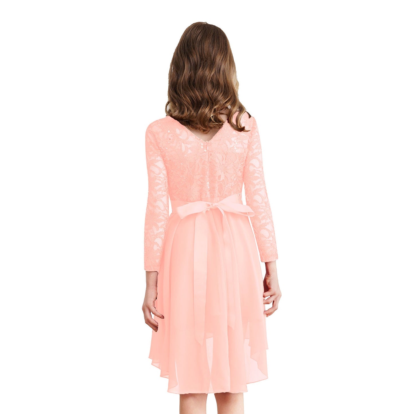 Girls Elegant Rhinestone Lace Chiffon Party Long Sleeve Dipped Hem Dress (Age 6-16YRS)