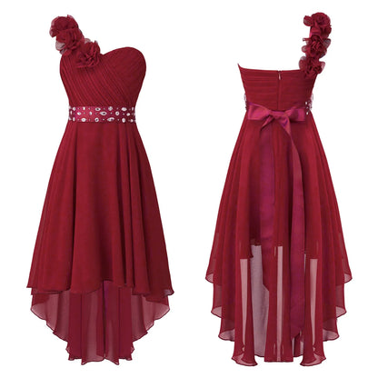 Girls Applique One-Shoulder Ruched Asymmetrical Hem Dress (Age 6-16YRS)