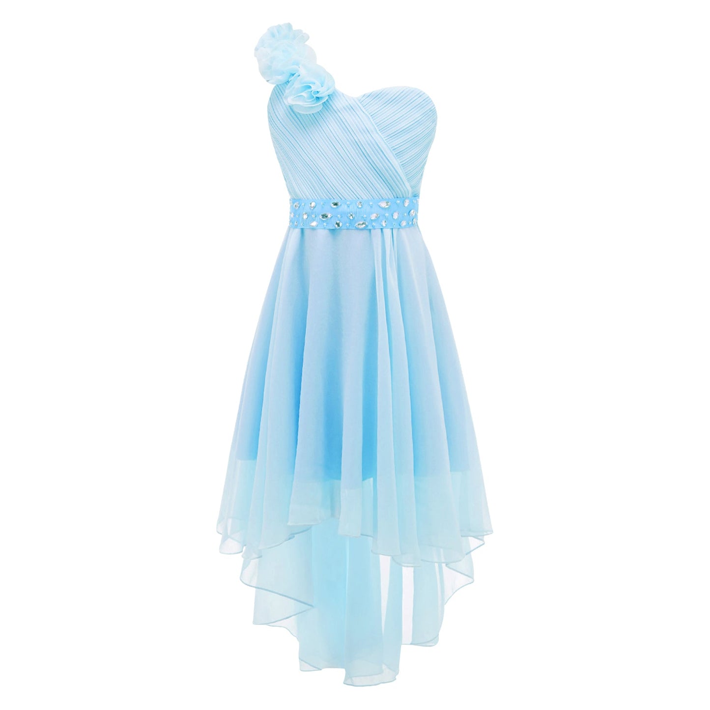 Girls Applique One-Shoulder Ruched Asymmetrical Hem Dress (Age 6-16YRS)