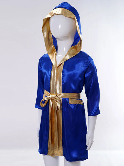 Boys Boxing Robe Costume Long Sleeve Hooded Cloak (Age 6-16YRS)