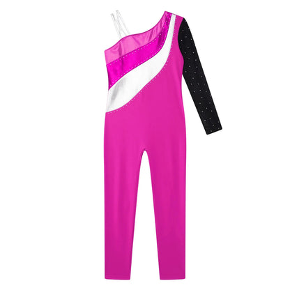 Girls Gymnastics One Shoulder Contrast Color Leotard Jumpsuit (Age 6-16 YRS)