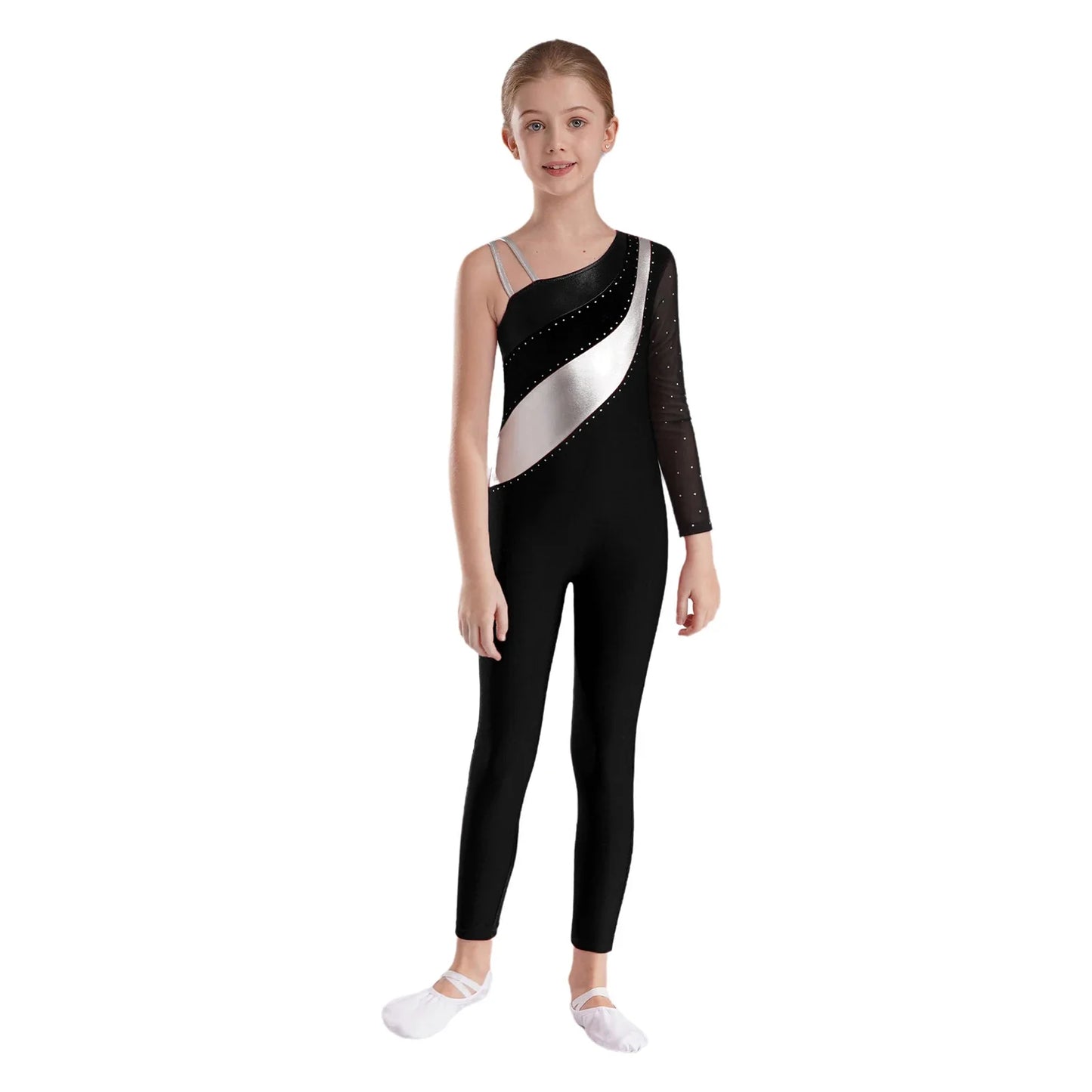 Girls Gymnastics One Shoulder Contrast Color Leotard Jumpsuit (Age 6-16 YRS)