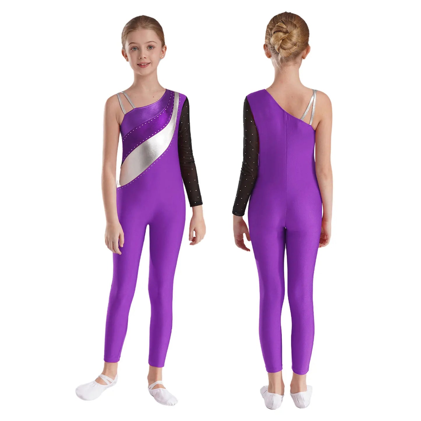 Girls Gymnastics One Shoulder Contrast Color Leotard Jumpsuit (Age 6-16 YRS)
