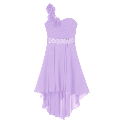 Girls Applique One-Shoulder Ruched Asymmetrical Hem Dress (Age 6-16YRS)