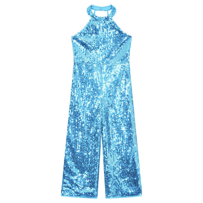 Girls Dance Sequin Sleeveless Halter Jumpsuit (Age 6-14YRS)