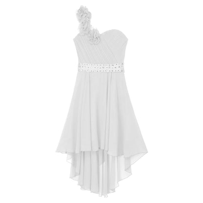 Girls Applique One-Shoulder Ruched Asymmetrical Hem Dress (Age 6-16YRS)