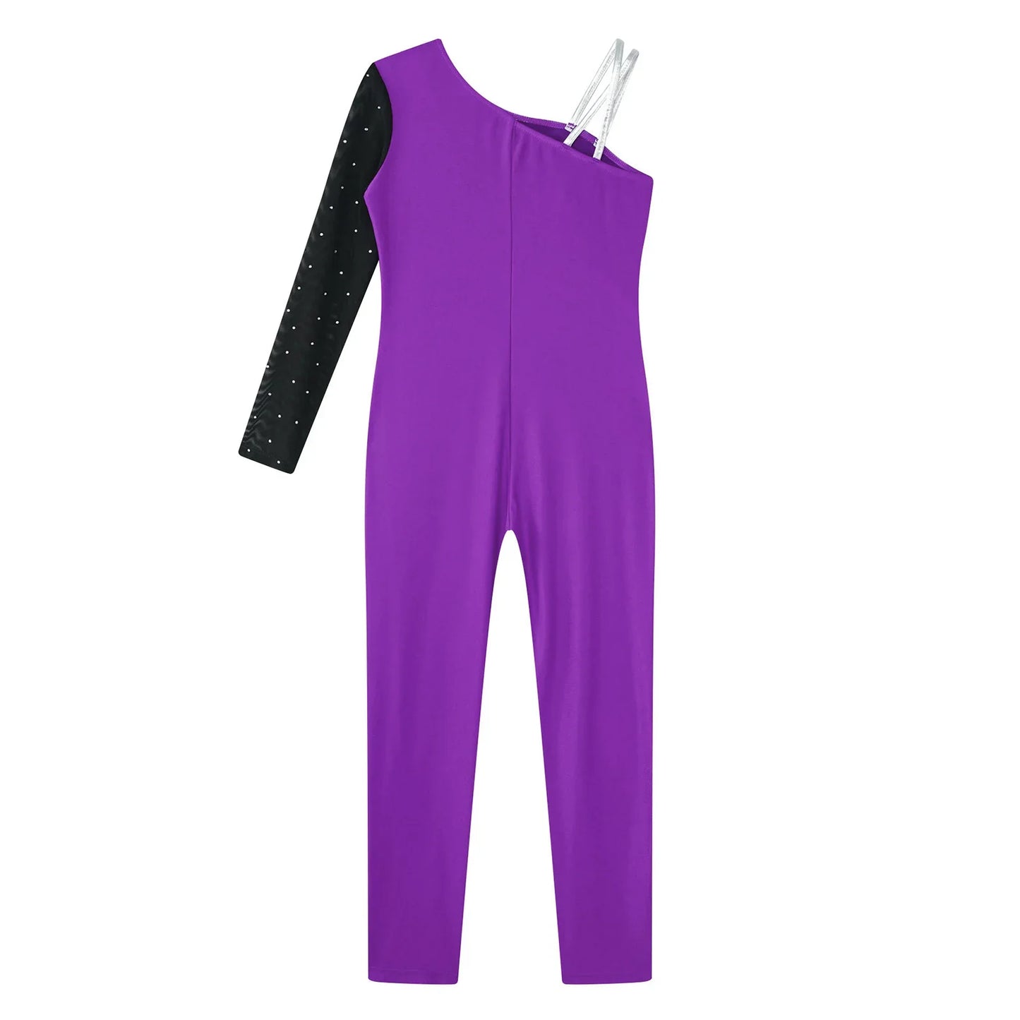Girls Gymnastics One Shoulder Contrast Color Leotard Jumpsuit (Age 6-16 YRS)
