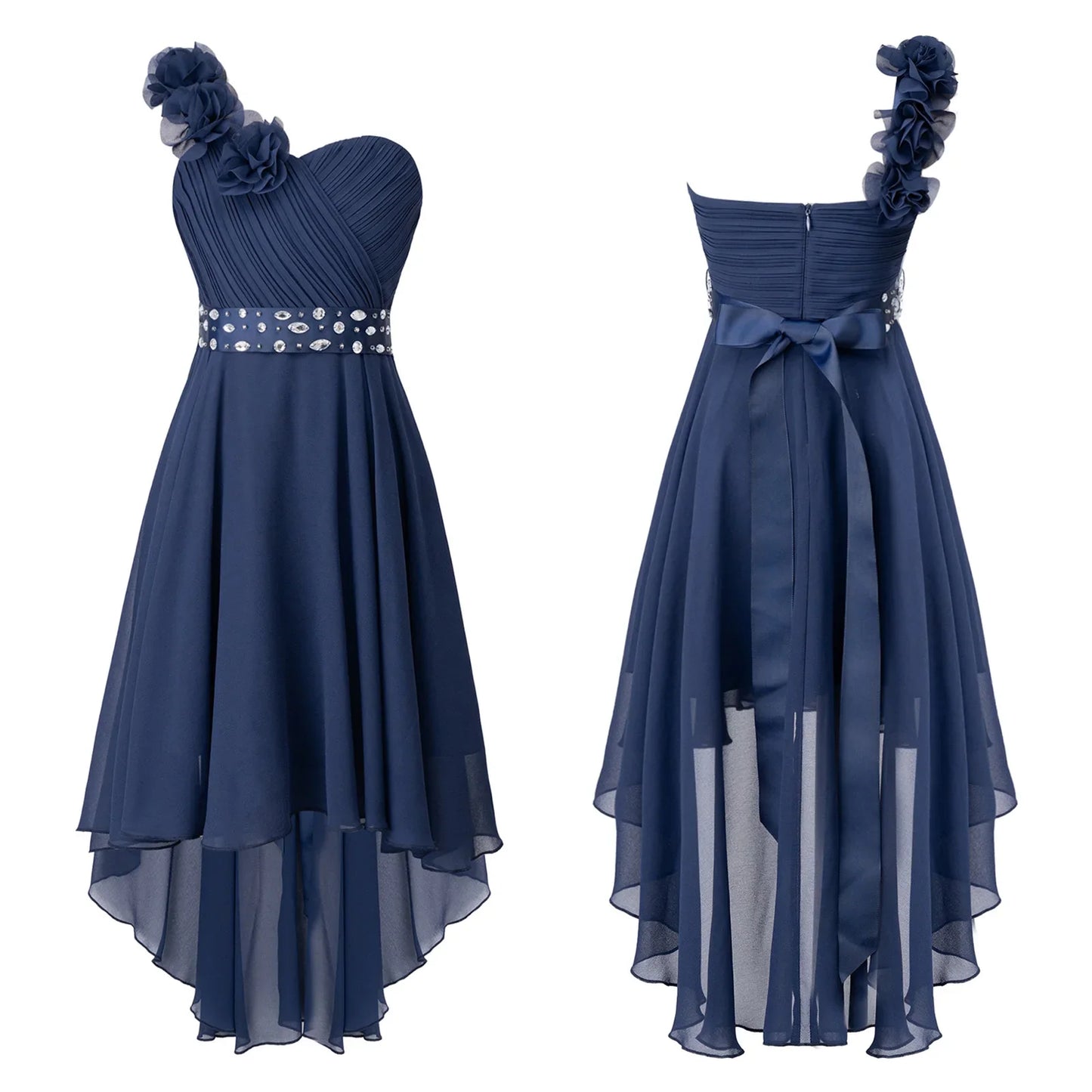 Girls Applique One-Shoulder Ruched Asymmetrical Hem Dress (Age 6-16YRS)