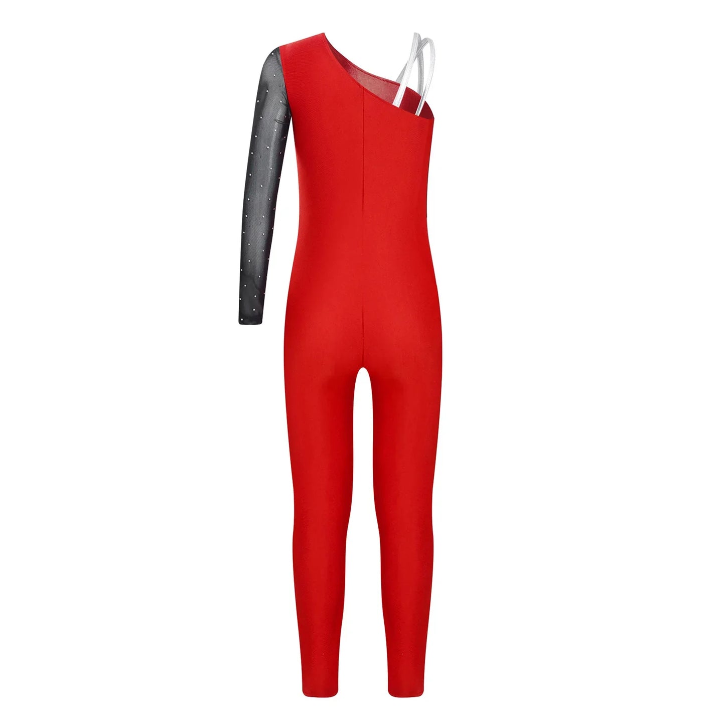 Girls Gymnastics One Shoulder Contrast Color Leotard Jumpsuit (Age 6-16 YRS)
