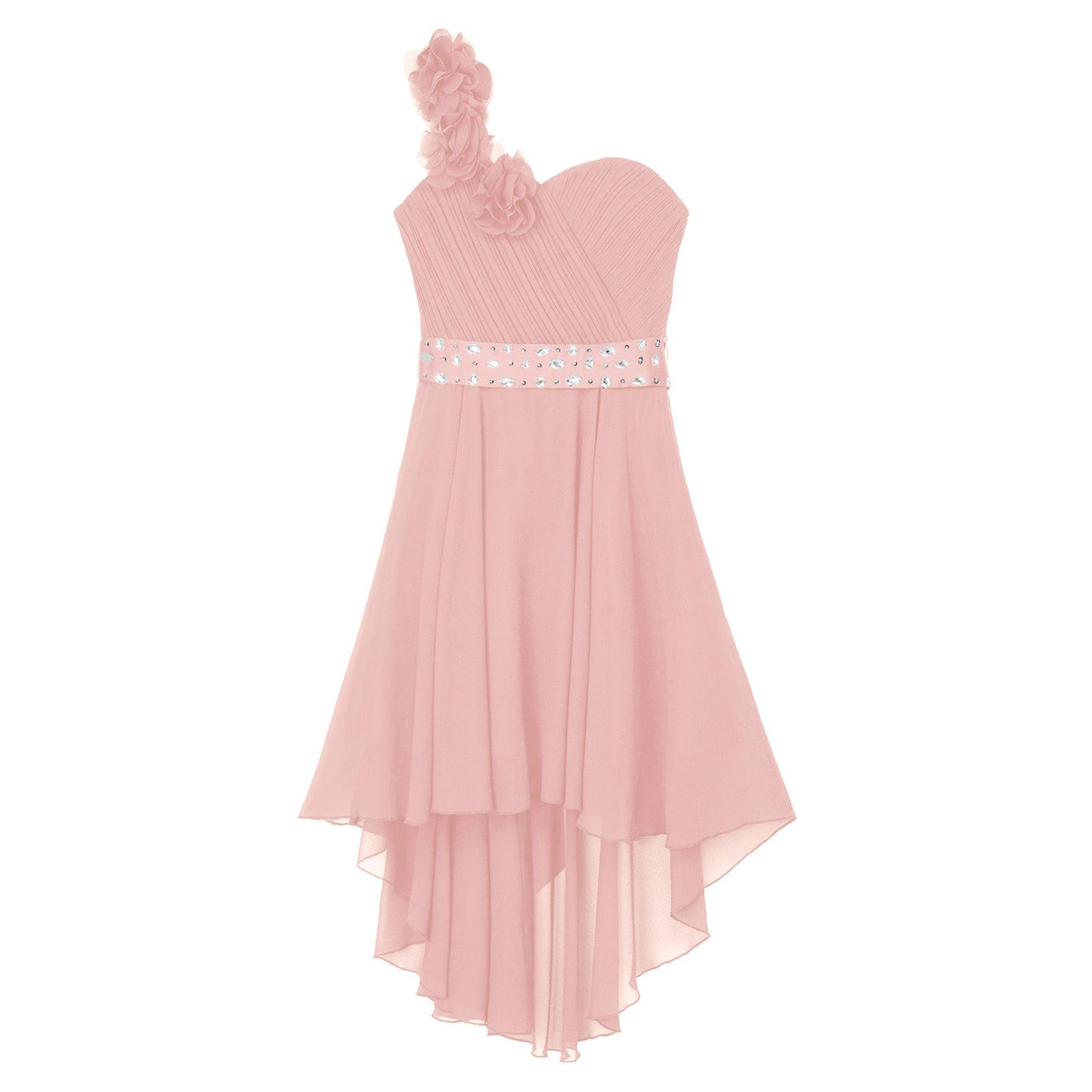 Girls Applique One-Shoulder Ruched Asymmetrical Hem Dress (Age 6-16YRS)