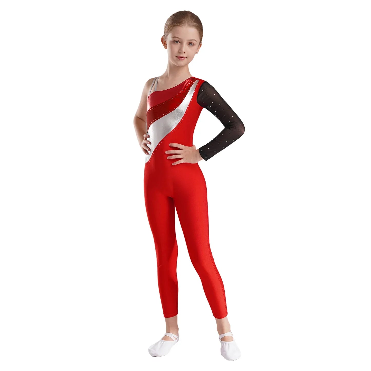 Girls Gymnastics One Shoulder Contrast Color Leotard Jumpsuit (Age 6-16 YRS)
