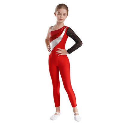 Girls Gymnastics One Shoulder Contrast Color Leotard Jumpsuit (Age 6-16 YRS)