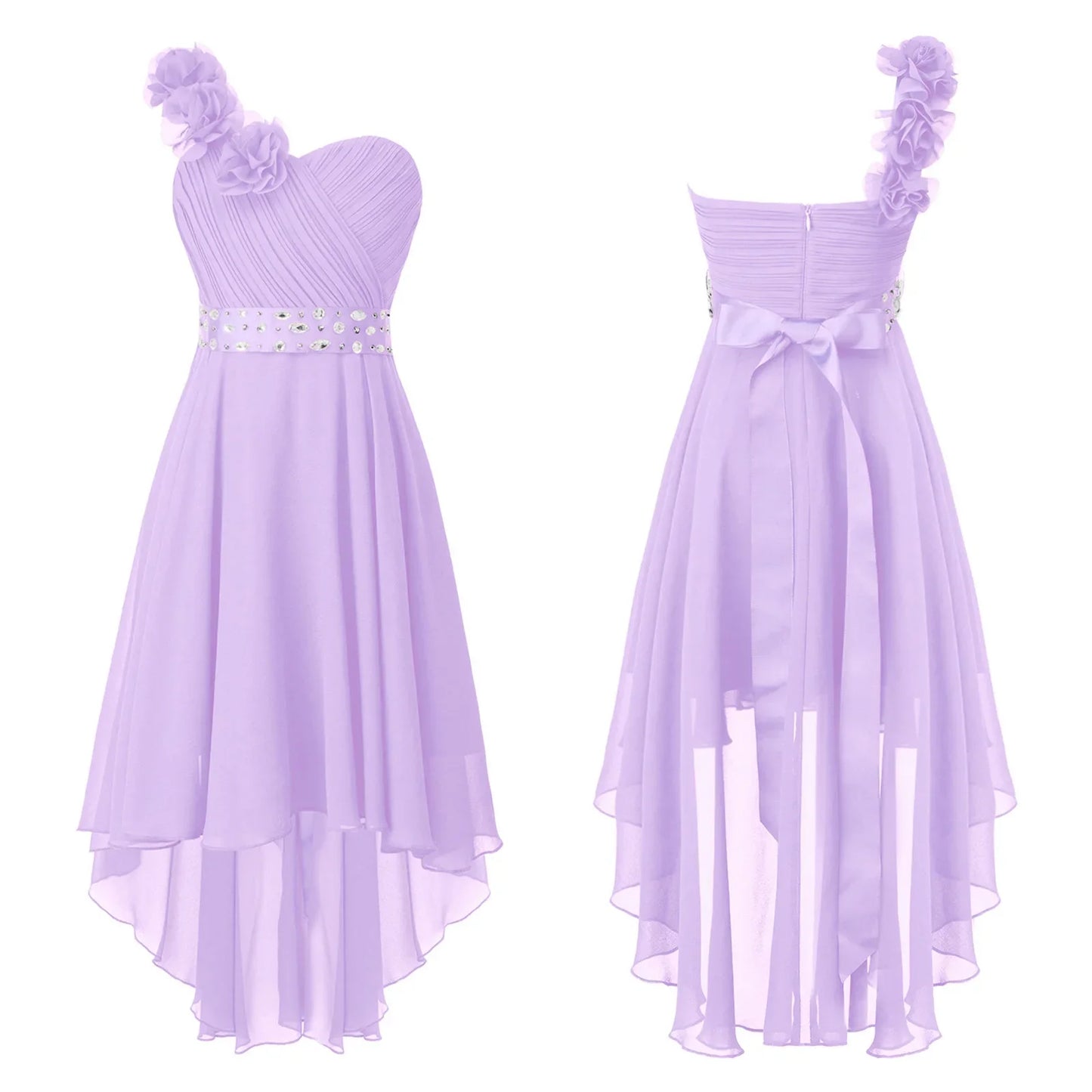 Girls Applique One-Shoulder Ruched Asymmetrical Hem Dress (Age 6-16YRS)