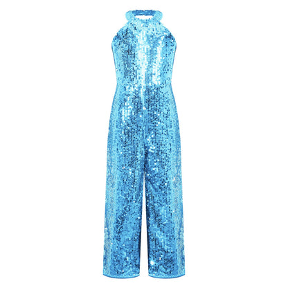 Girls Dance Sequin Sleeveless Halter Jumpsuit (Age 6-14YRS)