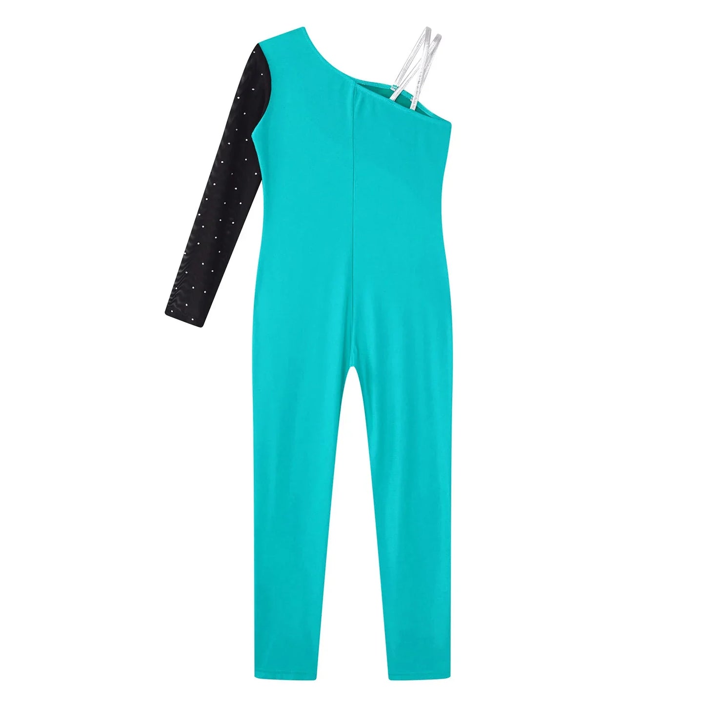 Girls Gymnastics One Shoulder Contrast Color Leotard Jumpsuit (Age 6-16 YRS)
