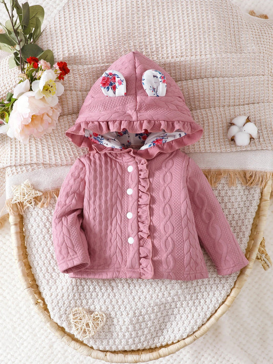 Baby Pink Long Sleeve Jacket Lace Hooded Ears Jacket (Age 6M-3YRS)