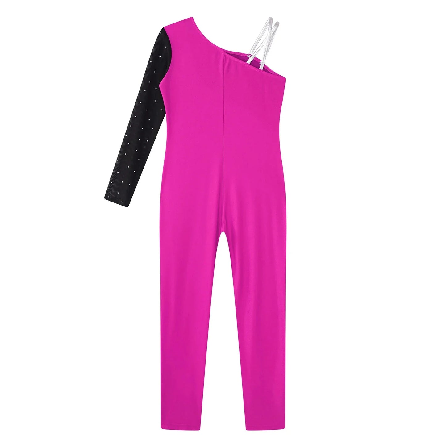 Girls Gymnastics One Shoulder Contrast Color Leotard Jumpsuit (Age 6-16 YRS)