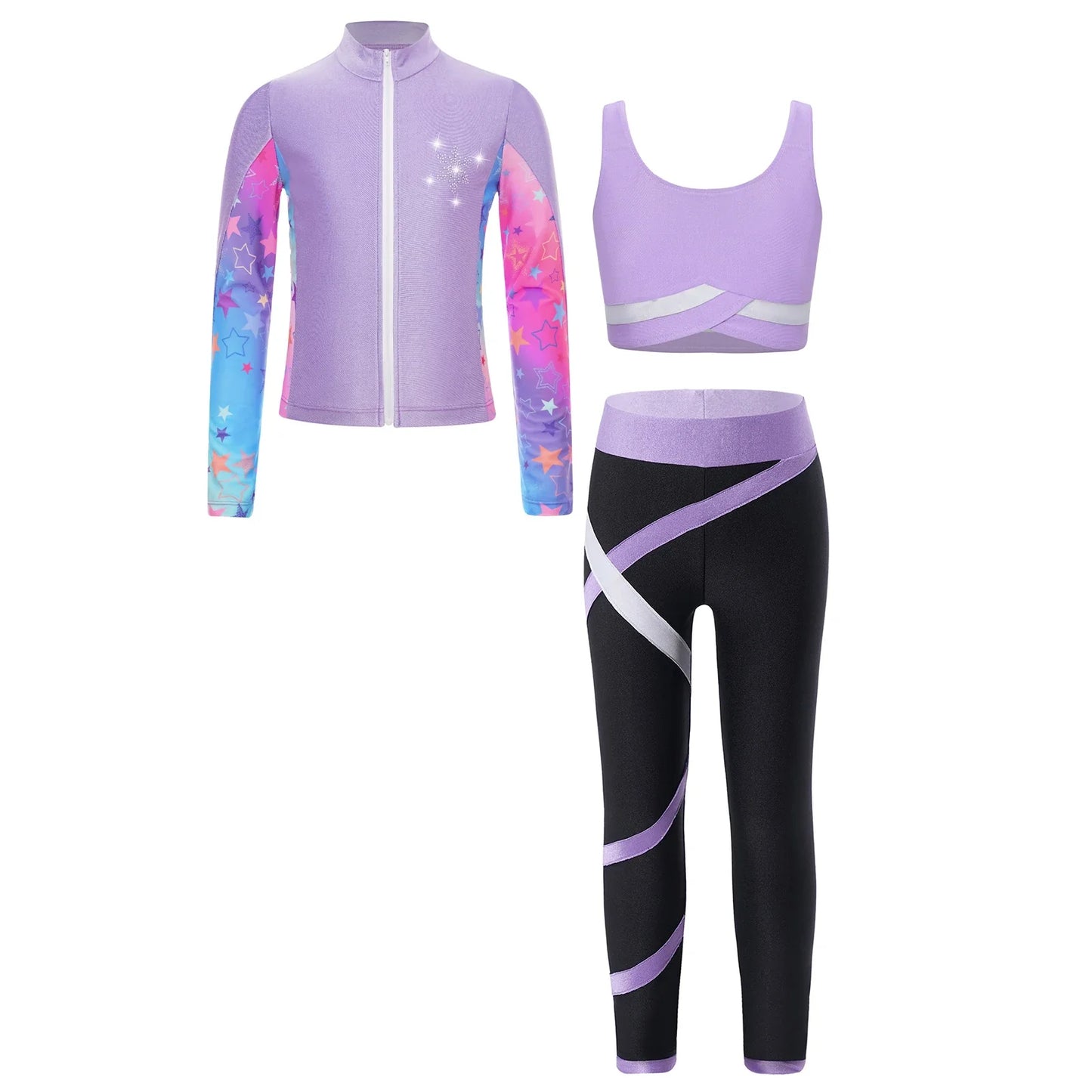 Girls Gymnastics Long Sleeves Athletic Shirt & Vest Tops & Leggings (Age 6-16 YRS)